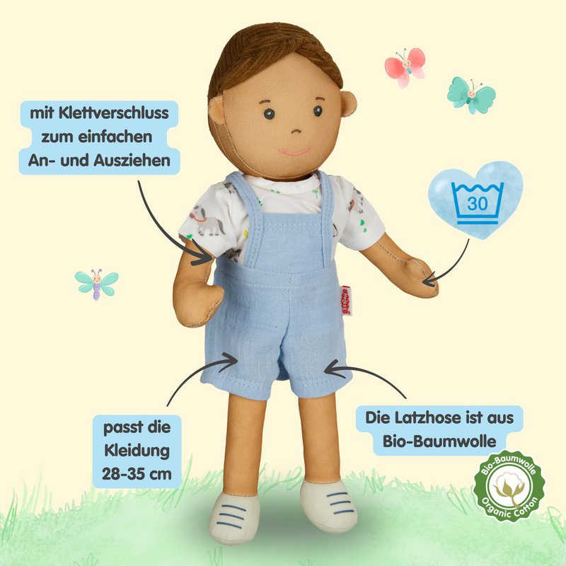 Stof Doll '' Noah '' med outfit til at sætte på og tage af, 32 cm