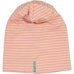 Pink and off-white striped beanie, soft cotton knit hat for babies and kids, comfortable casual headwear.