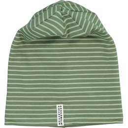  Green striped beanie with fleece lining, soft knit hat for babies and kids, cozy winter headwear.