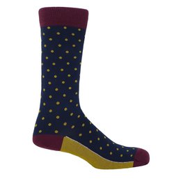 Men's socks in a denim blue color with a polka dot pattern in yellow. The socks have a ribbed cuff and are made of a soft, comfortable material.