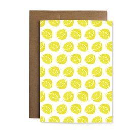 Greeting card with a repeating pattern of yellow lemon illustrations.