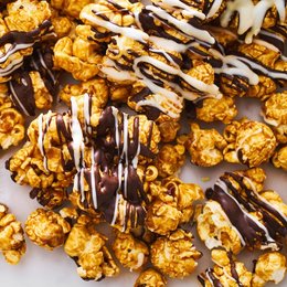 Zebra Popcorn: Caramel sea salt coated in milk and white chocolate, a unique and delightful snack.