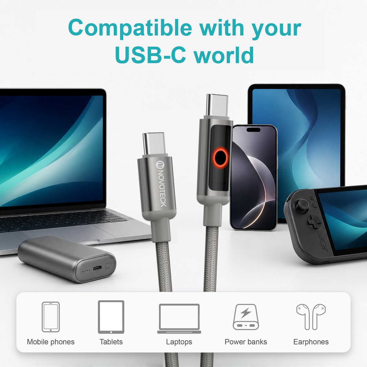Cable NOVOTECK S-143 USB-C a USB-C: carga rápida de 60 W, 1 m, indicador LED y transferencia de datos