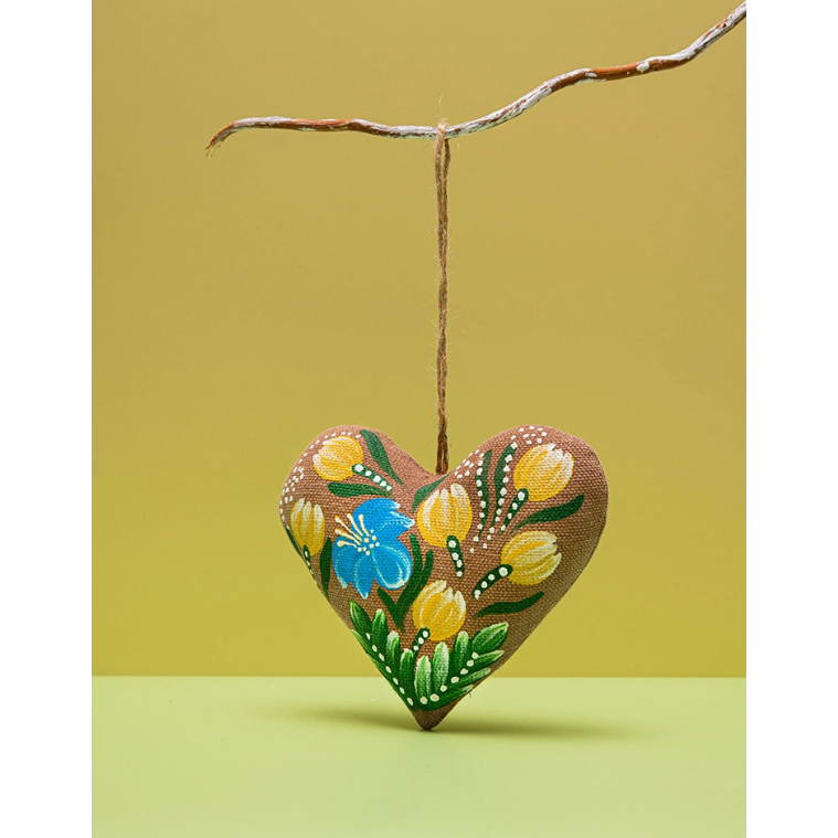 Hand made cocoa scented "Heart with blue and yellow flowers "