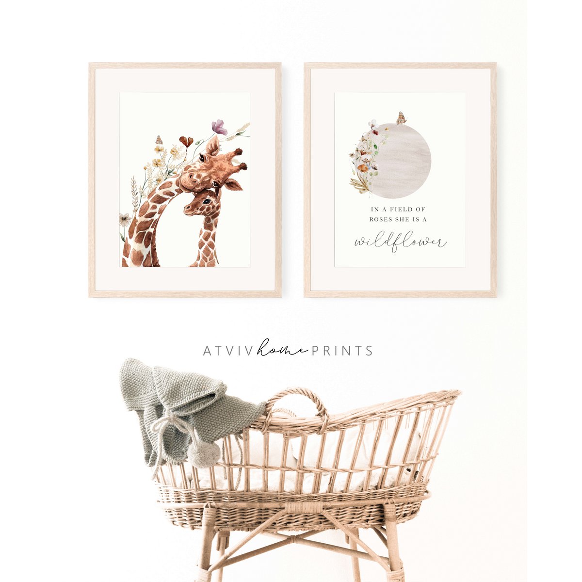 Giraffe kinderkamer poster, giraffe poster, bloemenkwekerij print, moeder en baby giraffe poster, kinderkamer giraffe print, wilde bloemen print, meisjes kinderkamer poster, meisjes kamer decoratie