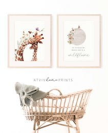Giraffe nursery poster, giraffe poster, floral nursery print, mother and baby giraffe poster, nursery giraffe print, wildflowers print, girls nursery poster, girls room decoration