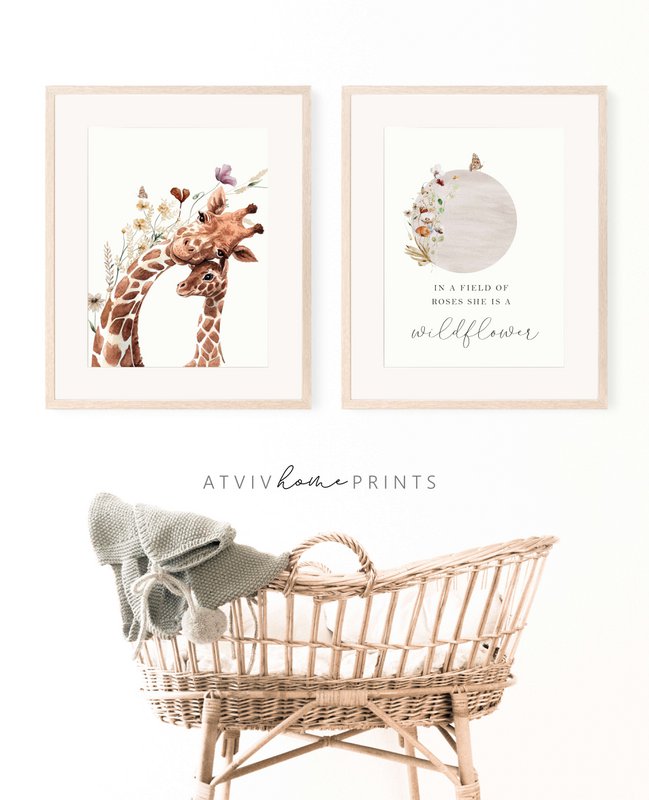 Giraffen-Kinderzimmer-Poster, Giraffen-Poster, Blumen-Kinderzimmer-Druck, Mutter und Baby-Giraffen-Poster, Kinderzimmer-Giraffen-Druck, Wildblumen-Druck, Mädchen-Kinderzimmer-Poster, Mädchenzimmer-Dekoration