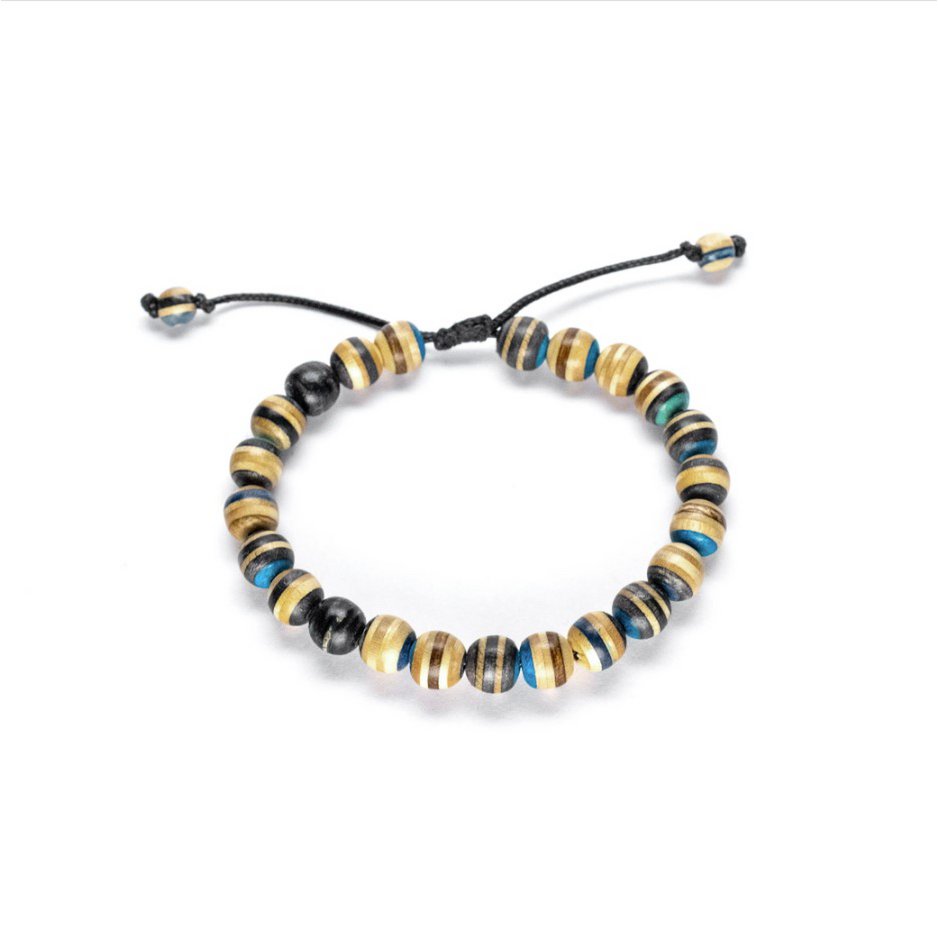 Recycled Skateboards Wood Bead Bracelet, Blue, 8mm beads, Unisex, Adjustable
