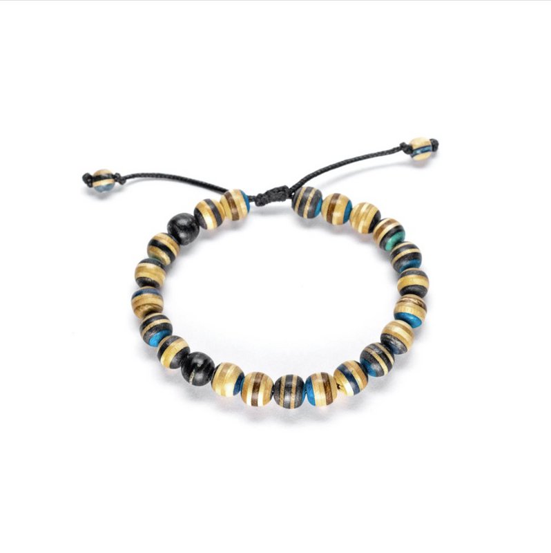 Pulsera de cuentas de madera de patinetas recicladas, azul, cuentas de 8 mm, unisex, ajustable