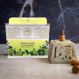 Natural incense cones with no charcoal, designed for stress relief and calming. The incense cones feature a floral, earthy scent and are made with natural oils.