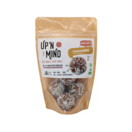 Ginger-flavored energy balls made with superfoods, packed in a resealable pouch.
