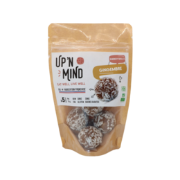 Ginger-flavored energy balls made with superfoods, packed in a resealable pouch.