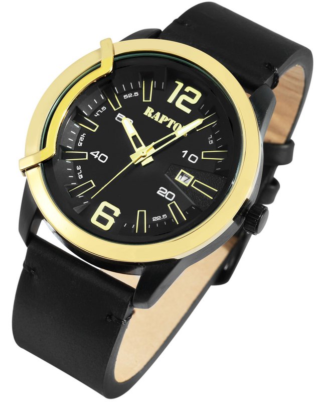 Raptor men's watch "Davian" with genuine leather strap, date display, black/gold-colored