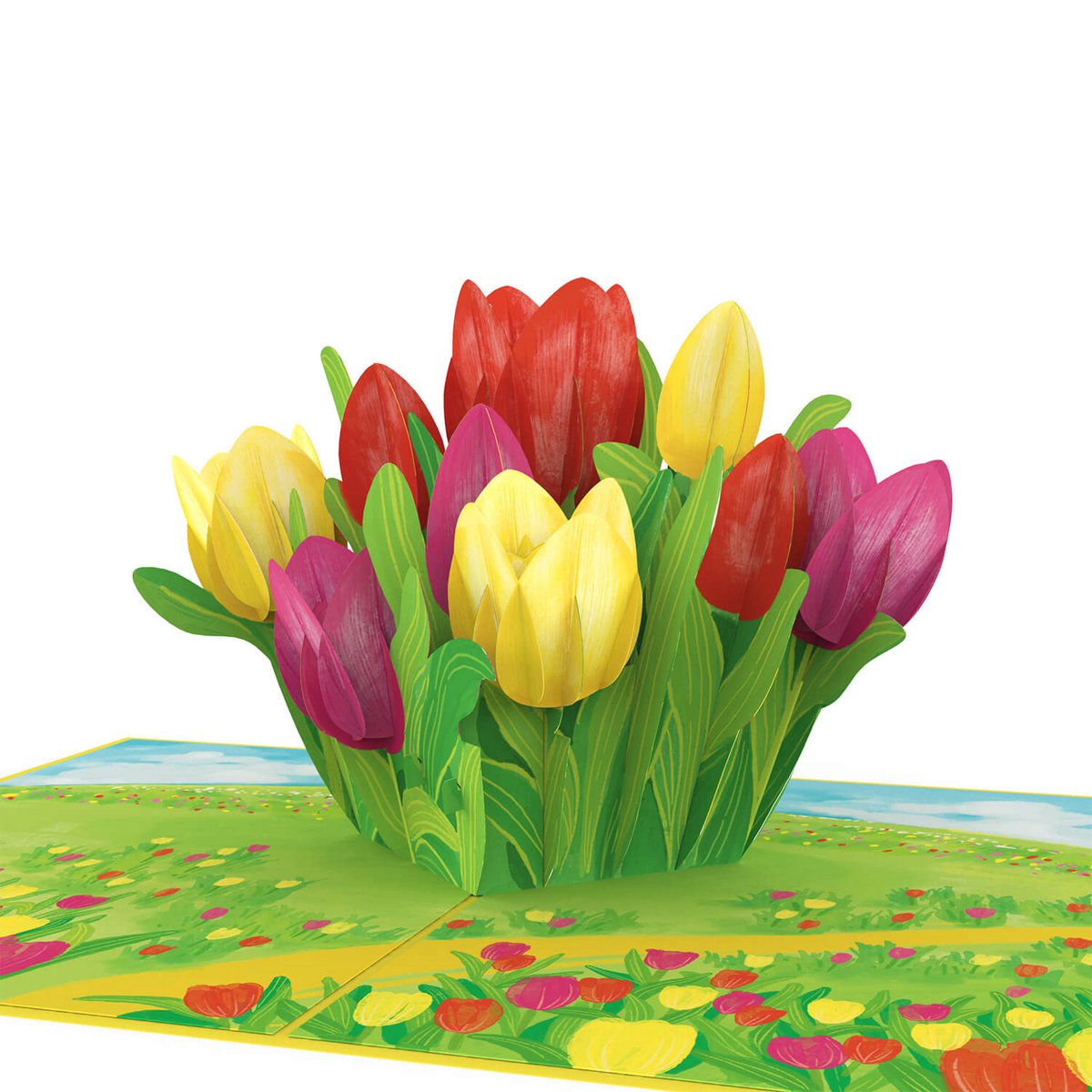 Kleurrijke pop-upkaart met tulpenweide