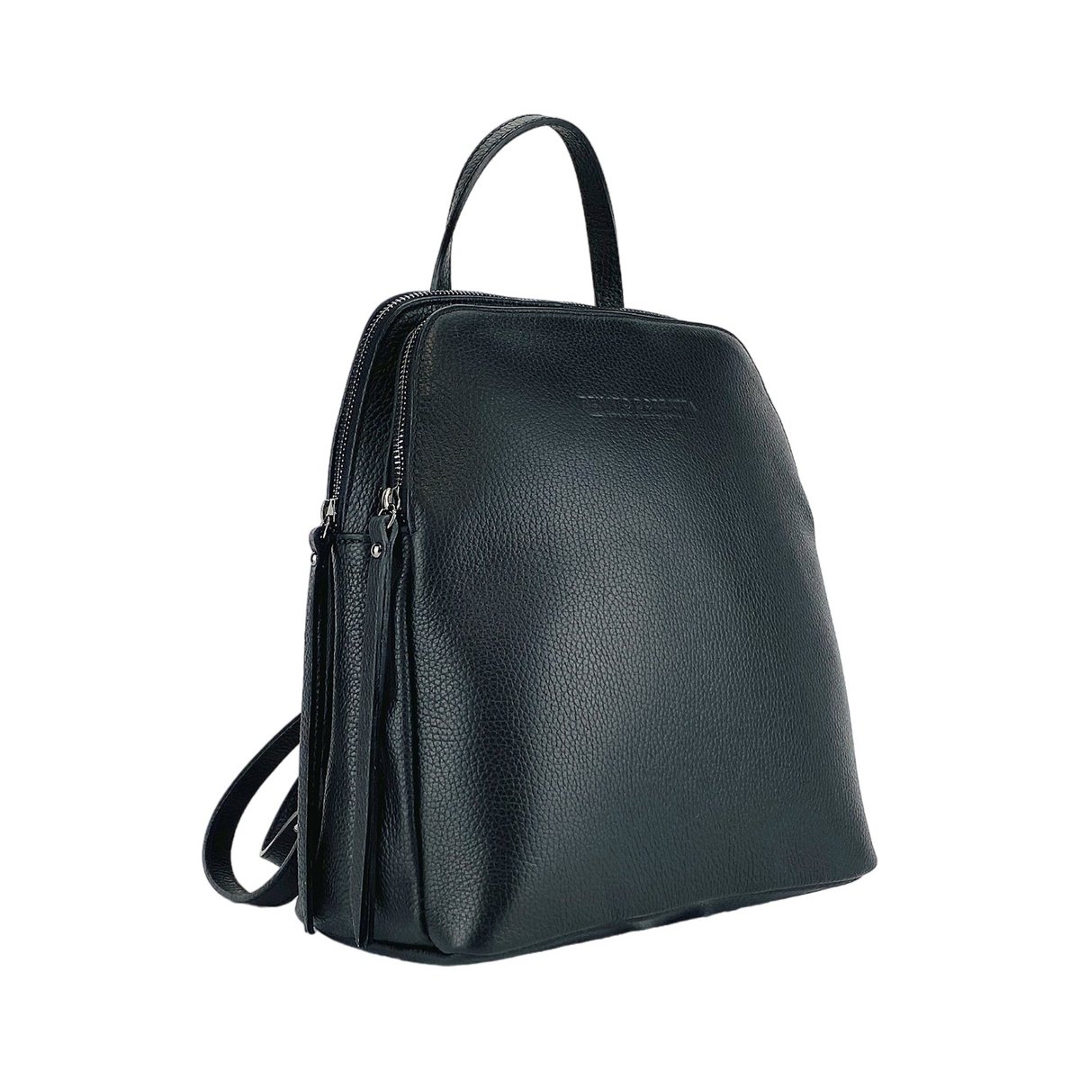 RB1018A | Echt leren damesrugzak met dubbel compartiment, gemaakt in Italië, met verstelbare schouderbanden. Gunmetal metalen accessoires - Zwarte kleur - Afmetingen: 26 x 30 x 14,5 cm
