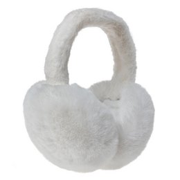 White fluffy earmuffs with a soft, plush texture. Designed to keep ears warm and cozy during cold weather.