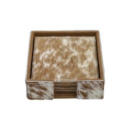 Coaster okselæder firkantet brun/hvid 10 cm (sæt med 4)