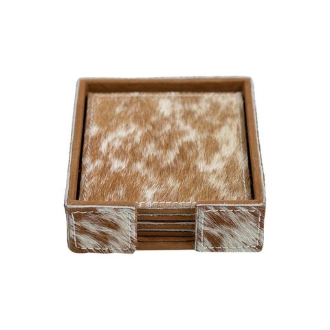 Coaster cowhide square brown/white 10cm (set of 4)