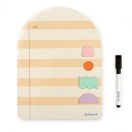 A pink magnetic board with a list of items like lettuce, tomatoes, orange juice, and post office call. The board has a striped pattern and includes a pen.