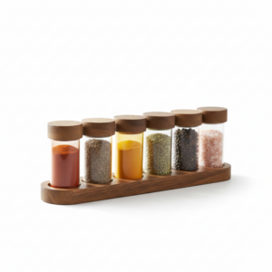 Set of 6 Glass Spice Jars – Acacia Wood Lids & Plateau