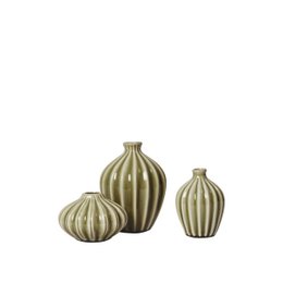 Dry sage green ribbed ceramic vases, round and tall fluted shapes, set of three decorative vessels
