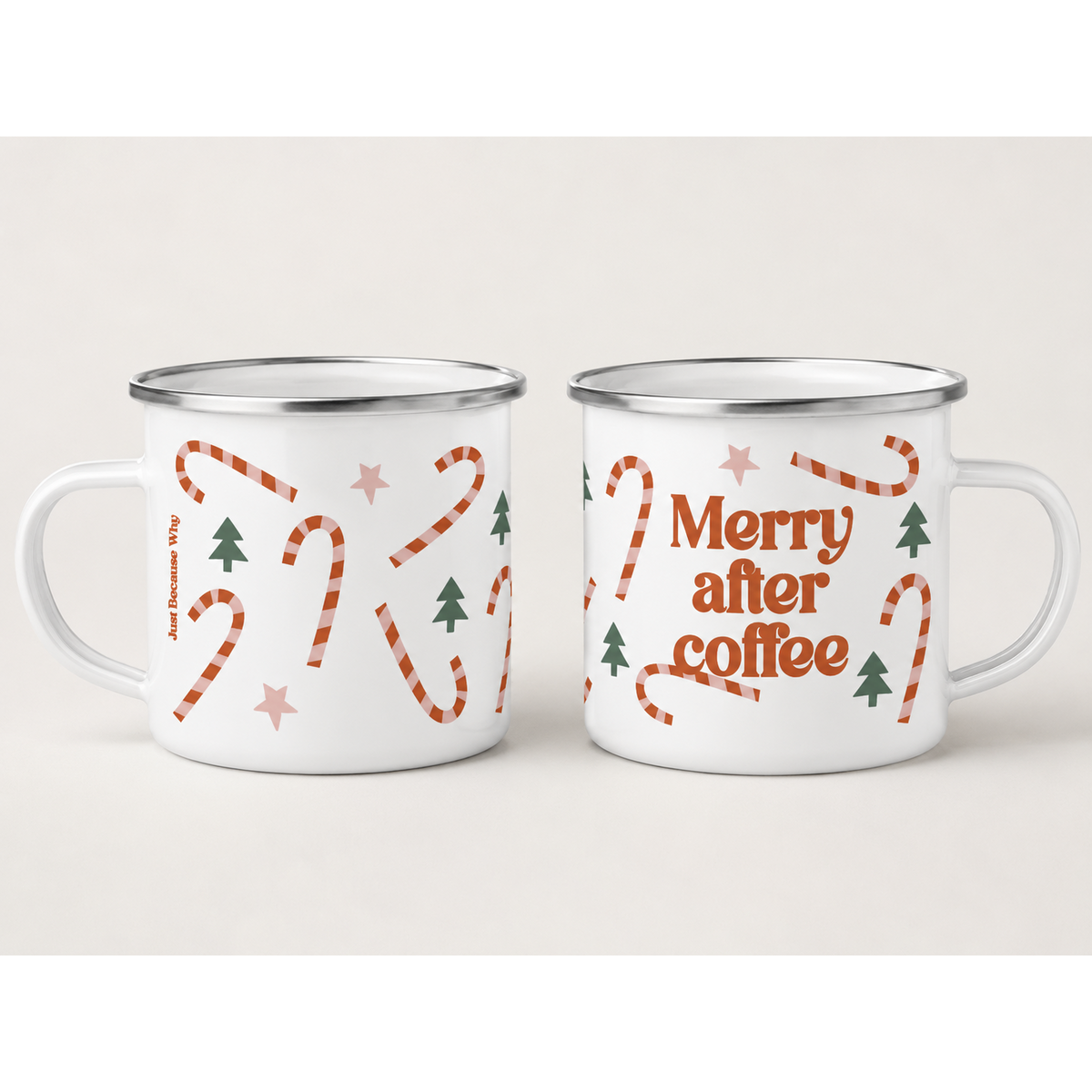 Weihnachtliche Emaille-Tasse. Fröhlich nach dem Kaffee