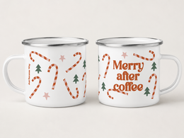 Weihnachtliche Emaille-Tasse. Fröhlich nach dem Kaffee