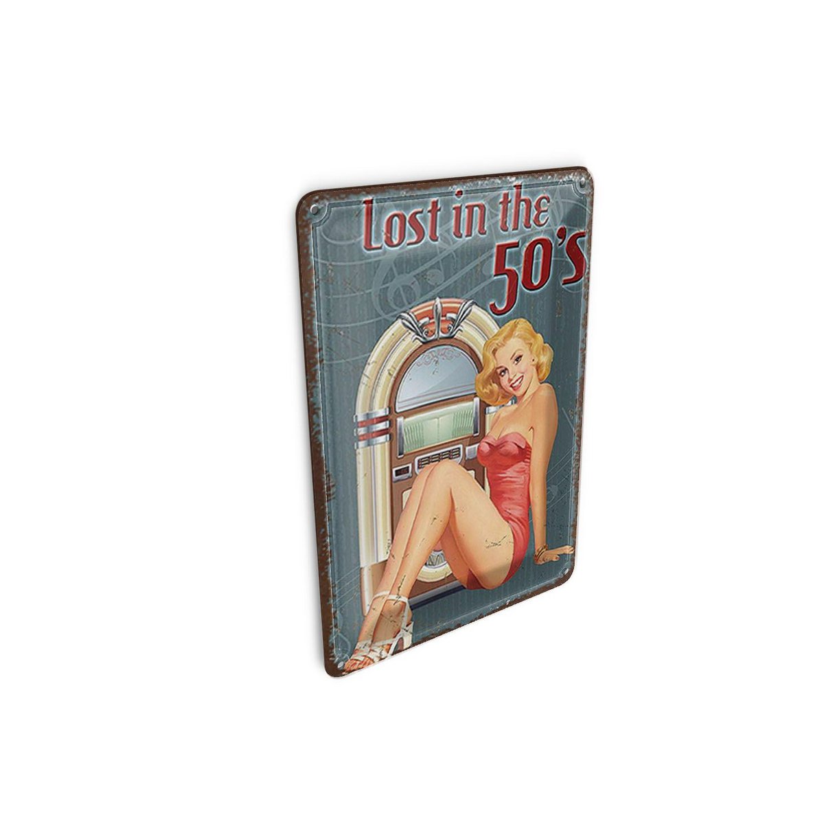 Tin postcard retro 10x14 cm Lost in the 50s woman with jute box decorative sign