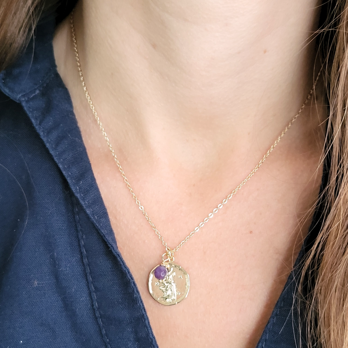 Zodiac Medallion Disc Necklace - Birthstone Pendant