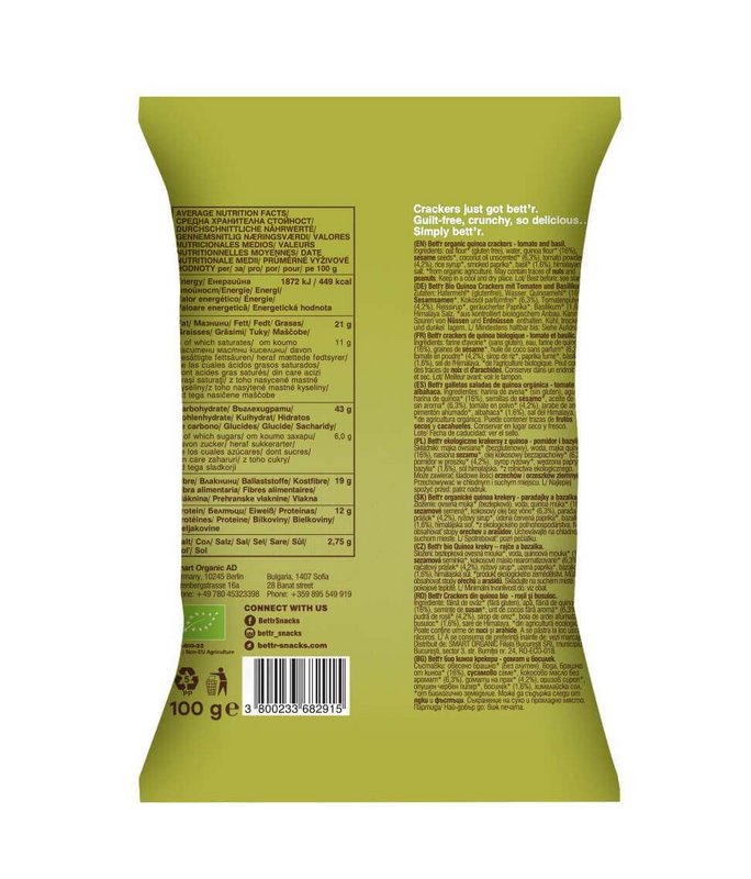 Quinoa Crackers Tomato & Basil, organic, Bett'r, 100g