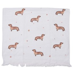 Beige and brown guest towel featuring a repeating pattern of dachshund dogs. The towel measures 40x66 cm.