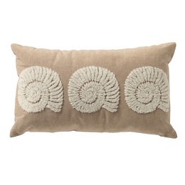 Rectangular beige cushion with three embroidered seashell designs, made of linen material.