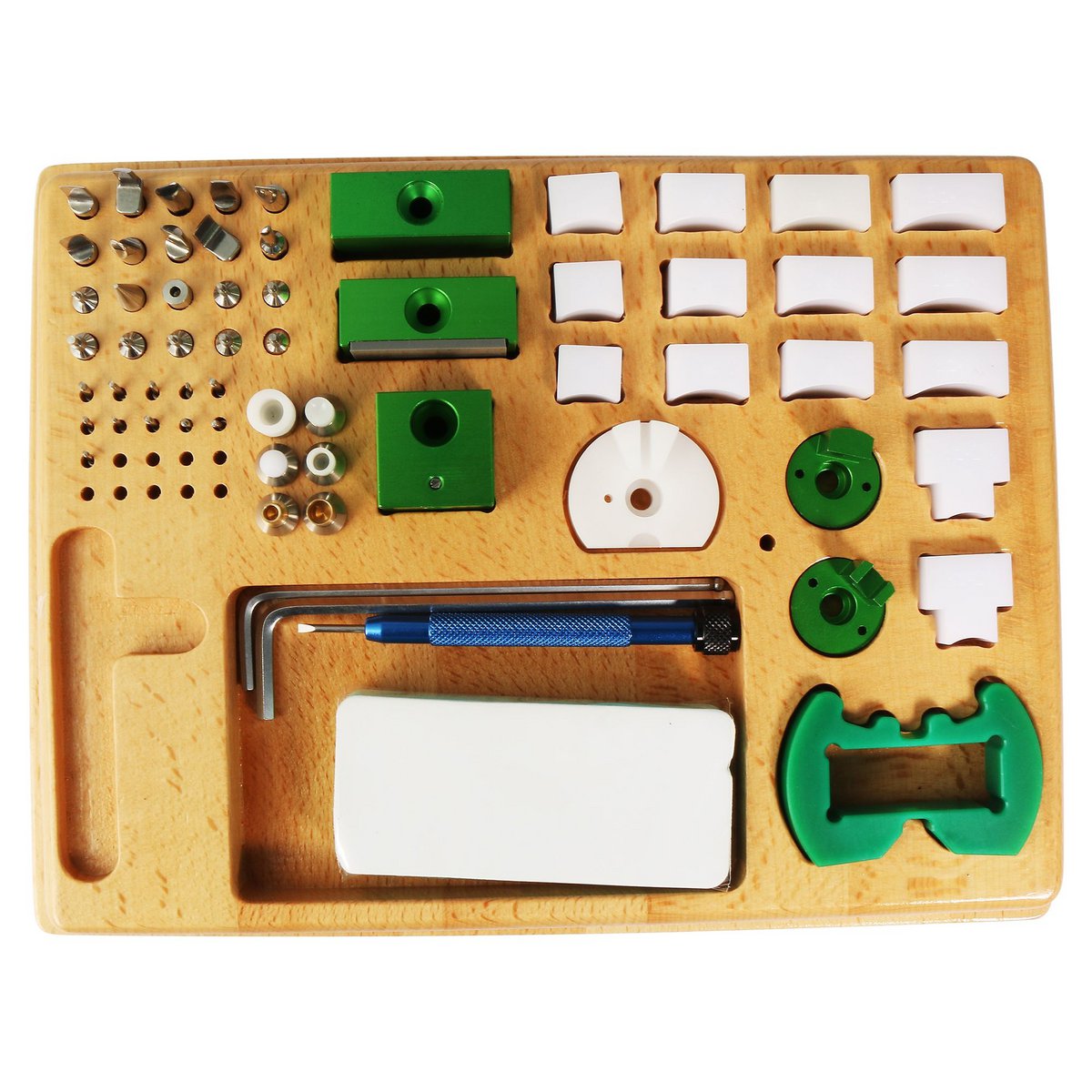 Multifunctional tool: case opener, strap shortener and tube presser, stainless steel, green
