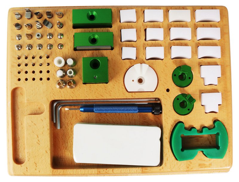 Multifunctional tool: case opener, strap shortener and tube presser, stainless steel, green