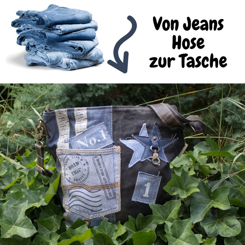 Sunsa duurzame schoudertas voor dames. Schoudertas gemaakt van gerecyclede jeans & canvas (canvas). Handtas vintage retro stijl. Crossbodytas voor dames.