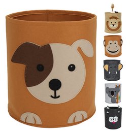 A round, tall storage basket for a child's room, featuring a cute dog design. The basket is made of a durable material and is suitable for storing toys, clothes, or other items in a kid's bedroom.