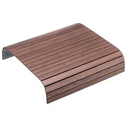 Dark brown bamboo sofa arm tray with a curved, slatted design for holding drinks, snacks, or other small items while relaxing on the couch.