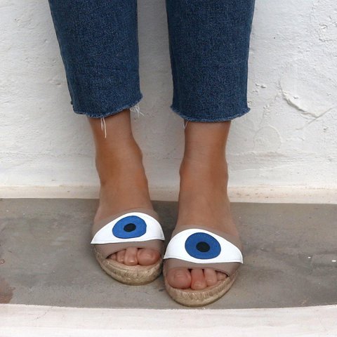 Evil Eye Espadrilles Slippers - Beige