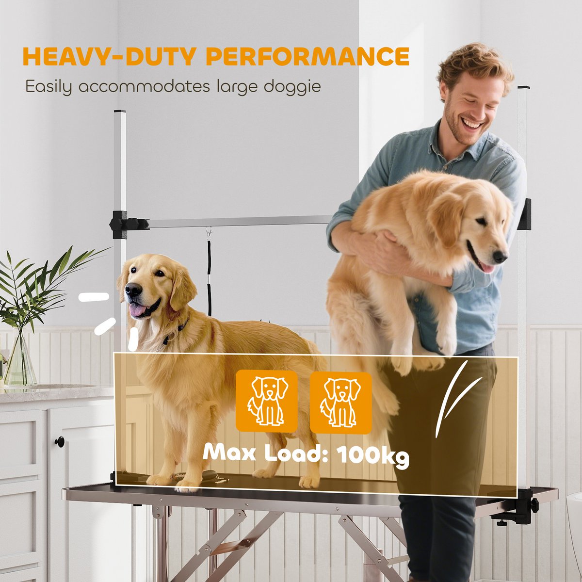 Trimming table for dogs, dog grooming table, foldable, pet grooming table with height-adjustable boom, slings, non-slip surface, shearing table up to 150 kg, 91.5 x 61.5 x 76 cm, black