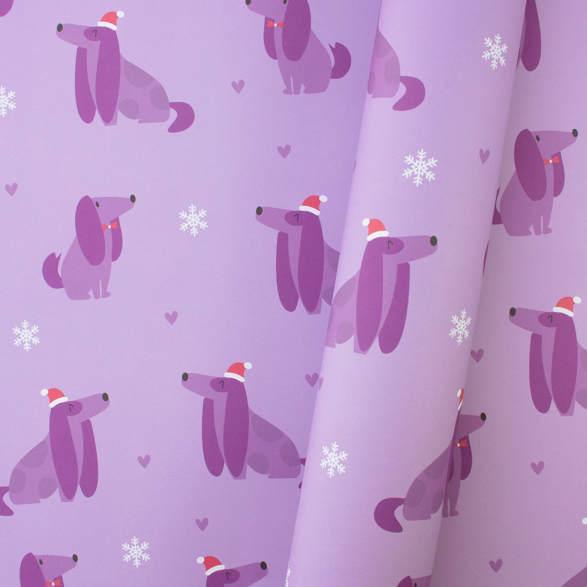 Świąteczny papier do pakowania z pieskiem „Christmas Dogs” w kolorze fioletowym