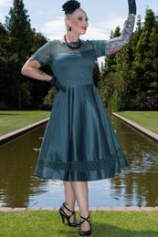 EU STOCK Tessa Lace Embroidered Sleeved Dress in Dark Green