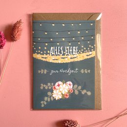 Folding card with floral design and text "Alles Liebe" (All the best) for a wedding celebration.