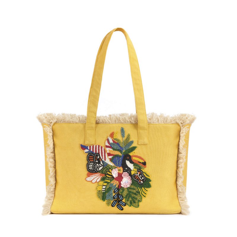 YELLOW COTTON SHOPPER BAG WITH HIBISCUS PATCH