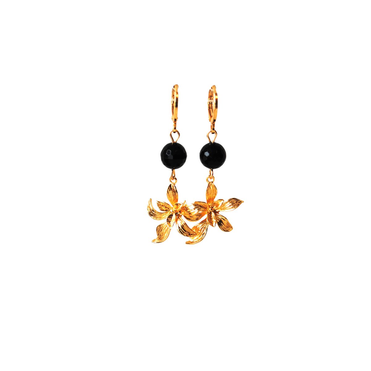 Oorbellen met onyx en hanger bloem 24K goldplated