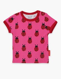 Organic cotton t-shirt with ladybug print, available in sizes 3-6m to 5-6y.