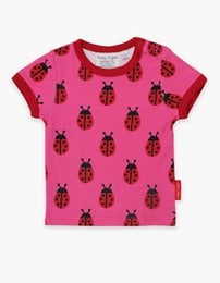 Organic cotton t-shirt with ladybug print, available in sizes 3-6m to 5-6y.