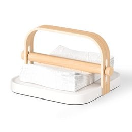 Wooden napkin holder with white ceramic base, natural wood handle, minimalist Scandinavian design, table organizer.