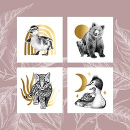 Baby animal cards featuring illustrations of a chickadee, bear, cat, and bird. The cards are designed with a nature-inspired aesthetic.