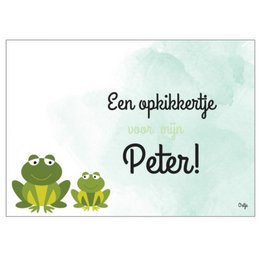 Postcard with text "Een opkikkertje voor Peter!" and two cartoon frog illustrations.