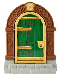 Green wooden door, brown wooden frame, gold accents, elf house entrance, magical fantasy style door.